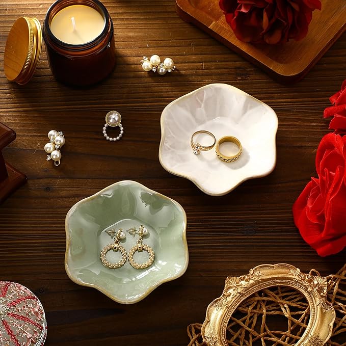 8 Pcs Ceramic Trinket Dish Lotus Leaf Jewelry Tray Small Ring Dish for Earrings, Rings, Jewelry Holder, Key Bowl(White,Green)