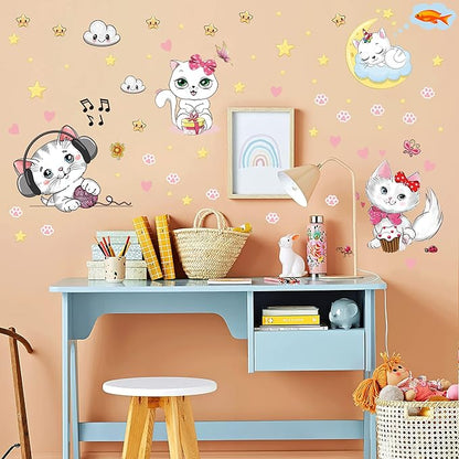 Glow in The Dark Stars for Girl's Room, Glowing Cats Cartoon Wall/Ceiling Decals, Kitten Butterflies Stickers for Kids Bedroom, Luminous Wall Decor for Nursery (Blue)