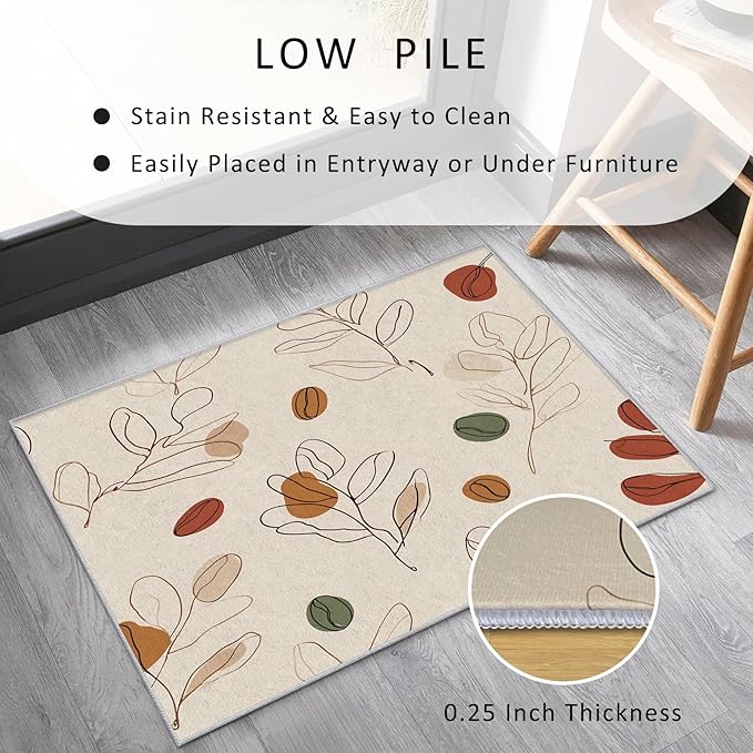 Bohemian Rug, 4x6 Area Rugs Modern Simple Abstract Line Art Leaf Pattern for Living Room, Bedroom, Bohemian Home Decor Accessories Indoor Carpet, Non Slip & Machine Washable