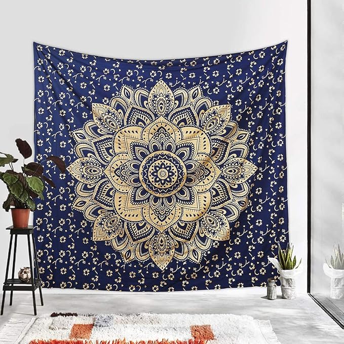 Rajsee Blue Gold Mandala Tapestry - Bedroom Aesthetic - Indie Boho Trippy Large Wall Hanging - 82x92 Inches