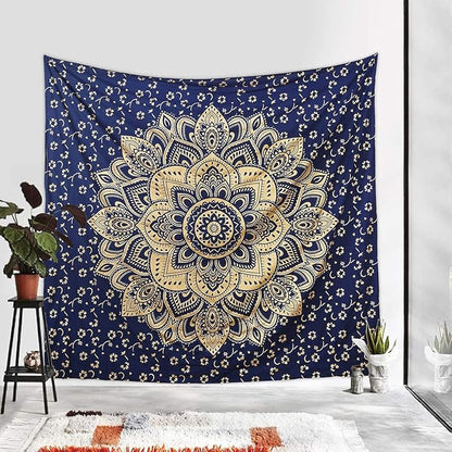 Rajsee Blue Gold Mandala Tapestry - Bedroom Aesthetic - Indie Boho Trippy Large Wall Hanging - 82x92 Inches