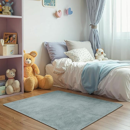 jinchan Solid Plush Area Rug 3x5 Performance Shaggy Washable Rug Indoor Soft Modern Faux Wool Cozy Non Slip Carpet for Living Room Kids Room Bedroom Dining Room Nursery Slate Blue