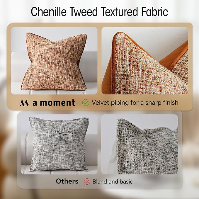 a moment Fall Rust Orange Reversible Pillow Covers 2 Pack - Farmhouse Chenille Throw Pillows, Neutral Textured Decorative Throw Pillow Covers with Border for Couch Sofa Bed (20x20 Inch, No Insert)