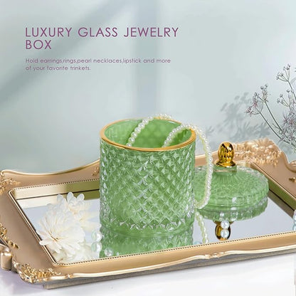 Candy Dish with Lid Glass Decorative Box, Vintage Jewelry Box, Small Candy Jar with Lid Crystal Apothecary Decor Box, Birthday Gifts For Friends Female (Green)