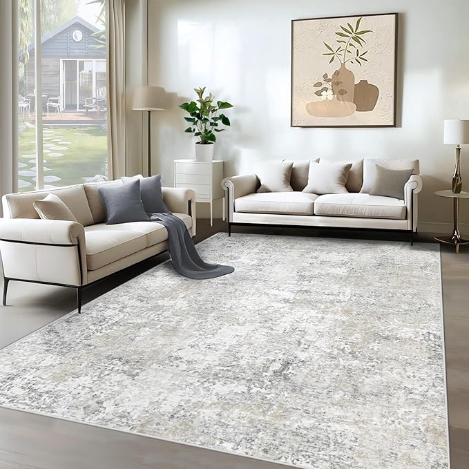 6x9 Area Rugs for Living Room, Washable Modern Abstract Large Rug Neutral Soft Non Slip Kids Rug Stain Resistant Indoor Carpet for Bedroom Nursery Dining Room Playroom Home Office(Beige Grey, 6'x9')