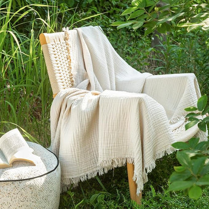 MooMee Muslin Blanket - 100% Cotton 4-Layer Gauze Throw Blanket with All-Around Fringe, Ultra-Soft Breathable Lightweight Cooling Decorative for Bed, Sofa & Couch (Beige,Throw 60" x 50")
