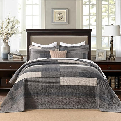 100% Cotton 128"x120" Oversized Quilt Bedspread, Plaid Pattern California King Extra Large Quilt Bedding Set, Cal King XL Bed Spread Lightweight Comforter, Gray, 3Pcs