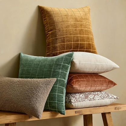 MIULEE Decorative Chenille Check Throw Pillow Covers Vintage Plaid Couch Pillows 18x18 Inch Set of 2 Neutral Boho Cushion Covers Modern Spring Home Decor for Sofa Bed Living Room Moss Green