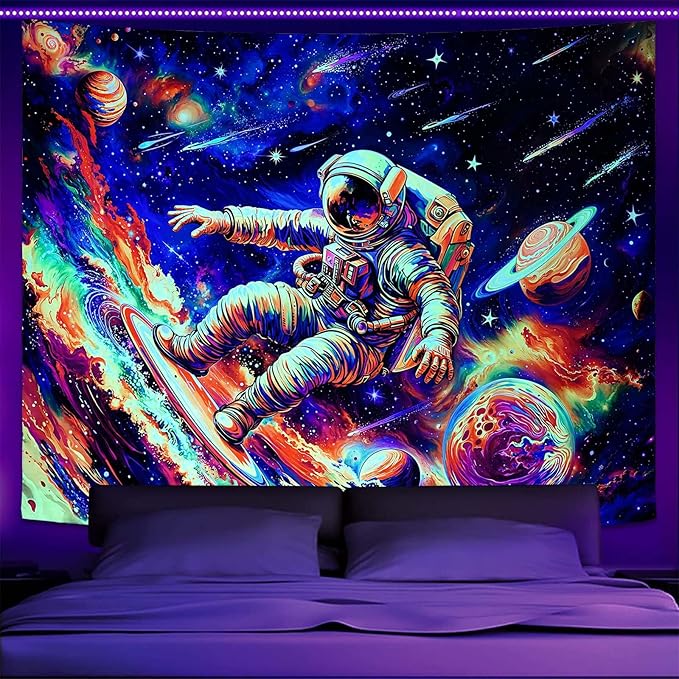 Haibimen Blacklight Astronaut Tapestry Wall Hanging Space Galaxy Travel Funny Surfering Tapestries for Bedroom Colorful Aesthetic Cool Wall Art for Guys Gamer Room Dorm Living Room (surf, 60''×44'')