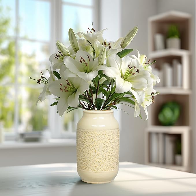 Beige Ceramic Vase for Flowers - 9 inch Textured Cream Vase for Pampas Grass, Modern Farmhouse Vases for Home Decor, Table Centerpiece, Shelf, and Mantle Decor