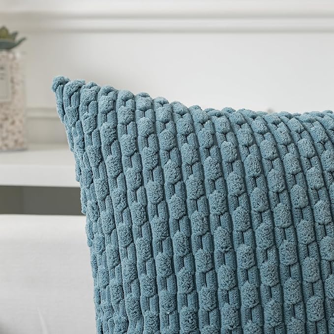Kevin Textile Throw Pillow Covers Soft Corduroy Decorative Set of 2 Boho Striped Pillow Covers Pillowcases Farmhouse Home Decor for Couch Bed Sofa Living Room 24x24 Inch Blue Grey