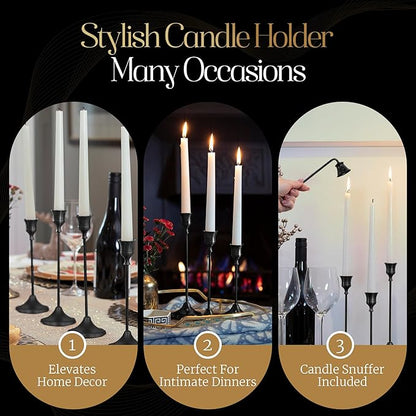 Black Candleholders for Taper Candlesticks Plus Candle Snuffer – Dining Table Décor Centrepiece - Metal Candelabra Candlestick Holder - Black Décor for Home Weddings Celebrations Events (Set of 6 Pcs)