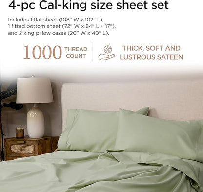 Threadmill Supima Cotton Sheets, 1000 Thread Count Cotton Sheets for Cal King Size Bed, 4 Pc Sage Green Cal King Bed Sheet Set, 5-Star Hotel Quality, Elasticized Deep Pocket Cal King Sheet