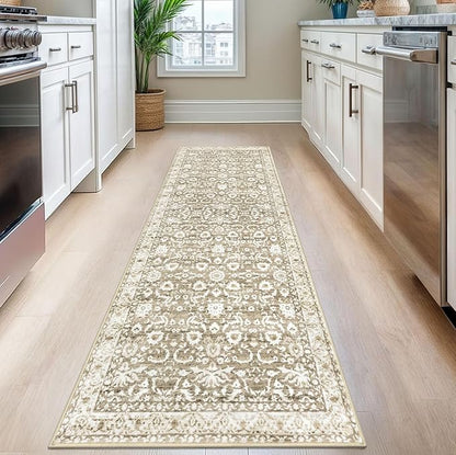 Vintage Floral 2.6x8 Runner Rug, Beige Tan White Washable Kitchen Runner Rug Non-Slip Hallway Rug Runner Thin Printed Faux Wool Super Soft Carpet for Entryway Bedroom Laundry Room Indoor