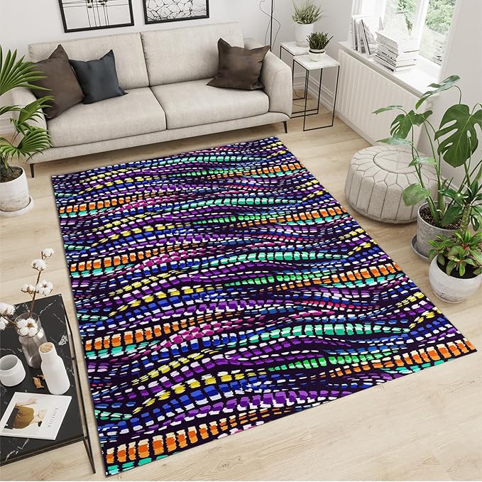 Trippy Creative Colorful Geometric Lines Area Rug, Modern Creative Bohemian Style Print Large Carpet, Machine Washable Breathable Durable Carpet for Front Entrance Floor Living Room Decor,3 x 5ft