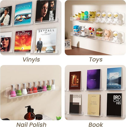 Gotega 12 Pack Vinyl Record Shelf Wall Mount, 12 inch Album Record Holder Display, Clear Acrylic Floating Shelves for Wall, Suitable for Bedroom, Living Room, Magazine Shelf, Kids Bookshelf, etc