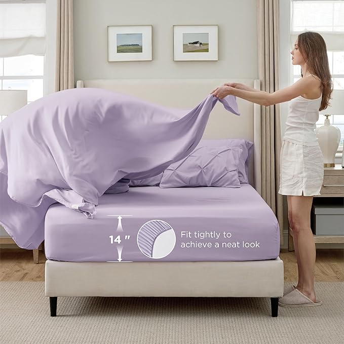 Bedsure Queen Comforter Set Light Purple - Bed in a Bag Queen Size Bedding 7 Pieces, GentleSoft™ Pintuck Bed Set Gift for Family, Pinch Pleat All Season Comforter with Sheets, Pillowcases & Shams