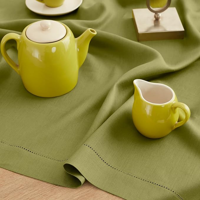 Solino Home Linen Placemats Set of 4 - Classic Hemstitch Avocado Green Placemats 14 x 19 Inch - 100% Pure Linen Table Mats for Winter