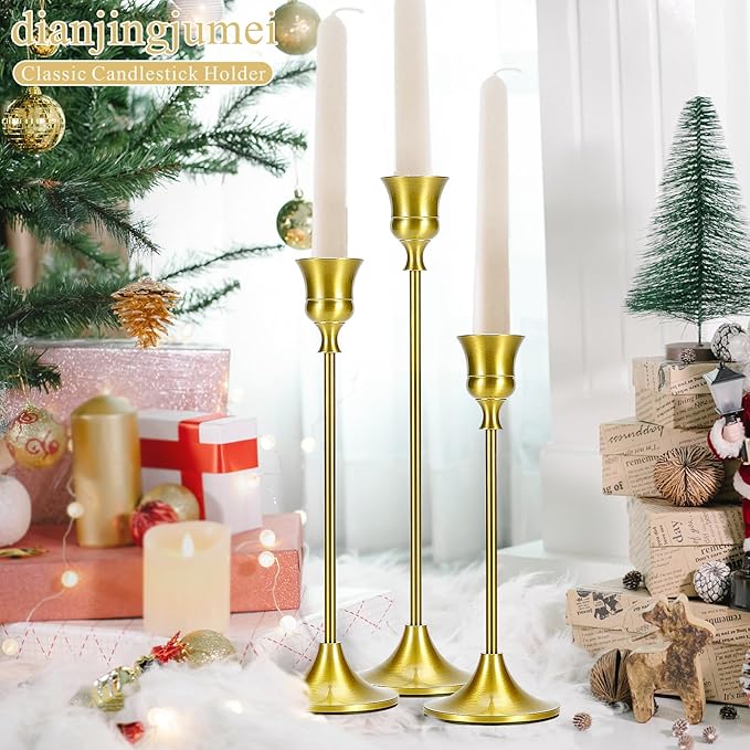 Candle Holder Gold Taper Candlestick Holders - Table Décor Brass Golden Pillar Candle Sticks Holder Set of 6, Antique Fireplace Decor Tapered Bulk Candelabra for Wedding, Christmas