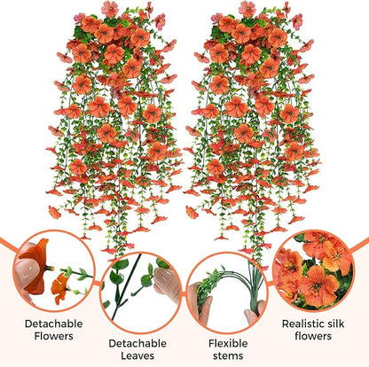 2PCS Artificial Hanging Fall Flowers for Outdoors Decorations, Orange Realistic Faux Silk Daisy with Eucalyptus, UV Resistant Fake Mums for Autumn Home Decor Patio Porch Window Box Front Door