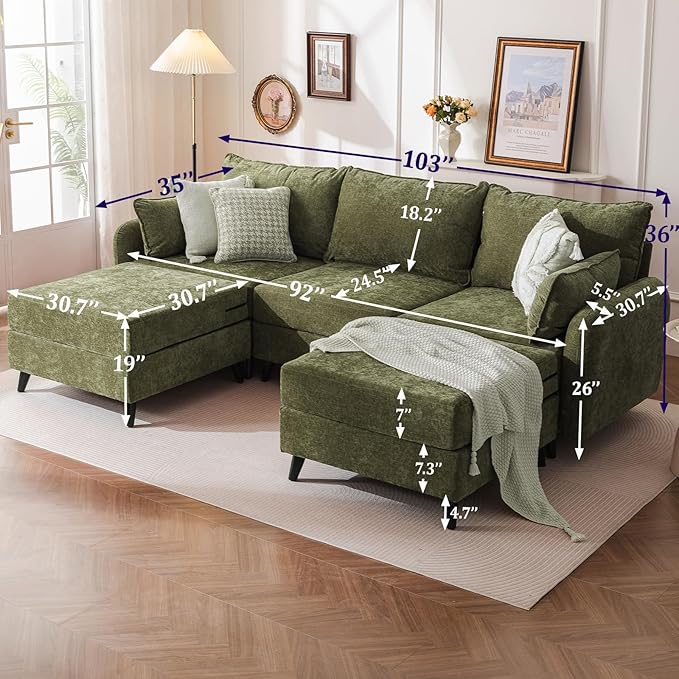 104'' Modular Sectional Sofa with Seats Storage,Oversized U Shaped Couch for Living Room,Comfy 3-Seater Cloud Couches with Deep Seat, Movable Ottoman, 2 Throw Pillow,Chenille,Green