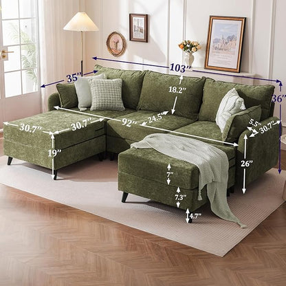 104'' Modular Sectional Sofa with Seats Storage,Oversized U Shaped Couch for Living Room,Comfy 3-Seater Cloud Couches with Deep Seat, Movable Ottoman, 2 Throw Pillow,Chenille,Green