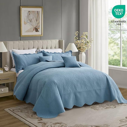 HZ & HY Oversized King Bedspread 128x120 Extra Wide, Ultrasonic Coverlet Bedding Set, Lightweight Thin Comforter, Reversible, 5 Piece, 100% Microfiber, Ashley Blue