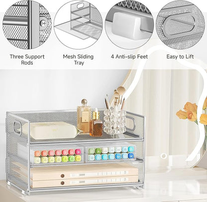 Subekyu 3 Tier Paper Desk Organizer with Handle and 1 PC Slideable Letter Tray, A4 Paper File Folder Sorter Metal Mesh Organizer for Home Office School Desk Supplies Organization Storage, Silver