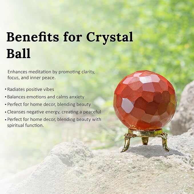 Crocon 50mm Red Jasper Diamond Cut Stone Sphere Ball with Metal Stand 1400+ Carats Gemstone Ball Healing Ornament Rock Sphere Sculpture Figurine for Fengshui Divination Crystal Home Decor Photography