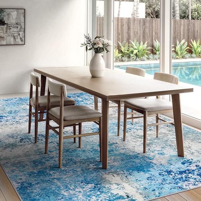 6x9 Area Rugs Living Room Rug - Washable Neutral Modern Abstract Large No Slip Soft Thin Rug Indoor Floor Carpet for Bedroom Under Dining Table Home Office Nursery Room - Blue White