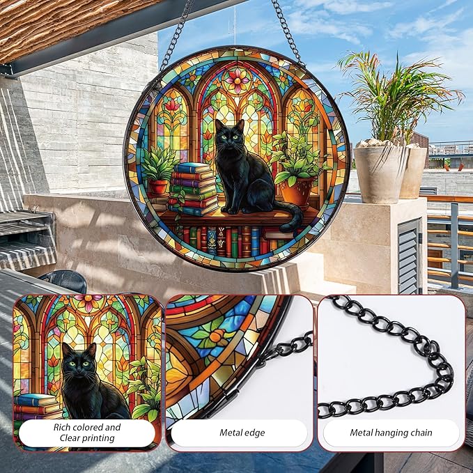 Rngmsi Stained Glass Window Hanging, 8 Inch Sun Catcher Cat and Book Theme Gift for Housewarming, Decorative Suncatchers Gifts for Wall Art Landscape Hanging Home Decor