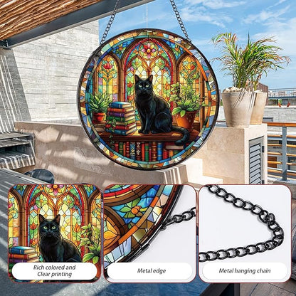 Rngmsi Stained Glass Window Hanging, 8 Inch Sun Catcher Cat and Book Theme Gift for Housewarming, Decorative Suncatchers Gifts for Wall Art Landscape Hanging Home Decor