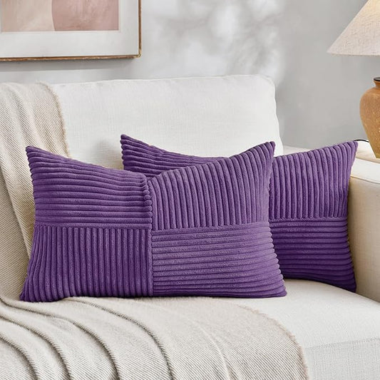 Fancy Homi 2 Packs Purple Lumbar Decorative Throw Pillow Covers 16x26 Inch for Living Room Couch Bed Sofa, Farmhouse Home Decor, Soft Striped Corduroy Rectangle Accent Cushion Case 65x40 cm
