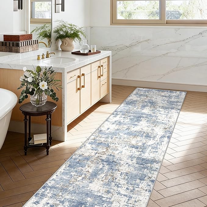 2.6x8 Runner Rug for Hallway, Washable Modern Abstract Runner Rugs Neutral Soft Non Slip Kids Rug Stain Resistant Indoor Runners for Hallways Entryway Bedroom Kitchen Laundry Room(Blue, 2'6''x8')