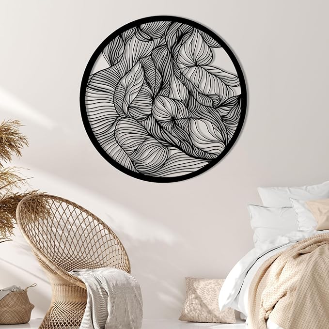 Abstract Lines Metal Wall Decor, Round Metal Wall Art, Line Art Wall Decor, Metal Abstract Wall Art, Metal Irregular Wall Hanging, Geometric Art, Metal Wall Art for Living Room (White, 30"x30"/76x76cm, metal wall art)