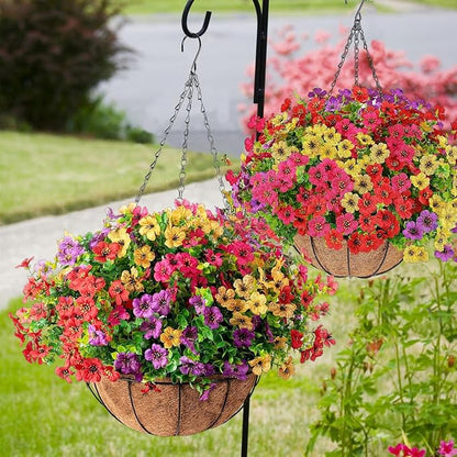 Orgrimmar Artificial Hanging Flowers Basket Outdoor Fake Hanging Plants UV Resistant Realistic Silk Flowers Eucalyptus in Coconut Lining Baskets for Home Porch Balcony Patio Yard Muti-Color