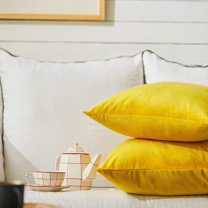 FY FIBER HOUSE Pack of 2 Velvet Throw Pillow Covers Decorative Square Pillowcase Soft Solid Cushion Case for Sofa/Couch Use, 18 x 18 Inch Yellow
