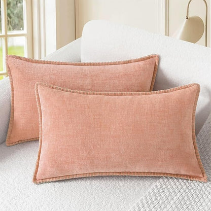 CaliTime Throw Pillow Covers Decorative 12 X 20 Inches Pack of 2 Cotton Thread Stitching Edges Solid Dyed Soft Chenille Cushion Cases for Couch Sofa Bed Living Room Farmhouse Dusty Pink