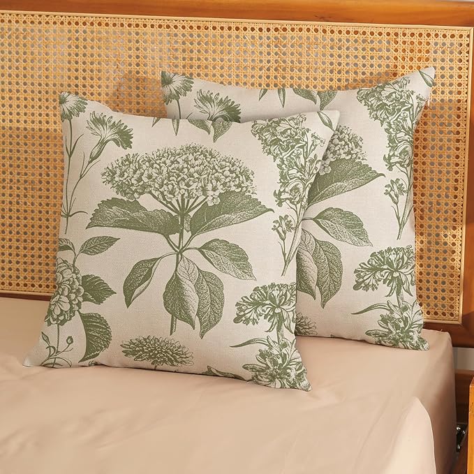 Sage Green Pillow Covers 20x20 Set of 2 Boho Floral Hydrangea Herbs Botanical Throw Pillow Cover Outdoor Decoration Pillow Cases Vintage Flower Linen Cushion Case Decorative for Couch Sofa