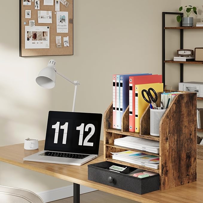 Wooden Desk Organizer with Removable Shelf and Fabric Drawer, Multi-Compartment Desktop File Holder for Home Office Storage, Desktop Mail Organizer, Rustic Brown MWJ05FG