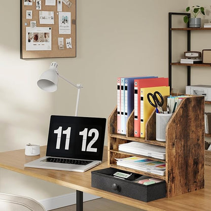 Wooden Desk Organizer with Removable Shelf and Fabric Drawer, Multi-Compartment Desktop File Holder for Home Office Storage, Desktop Mail Organizer, Rustic Brown MWJ05FG