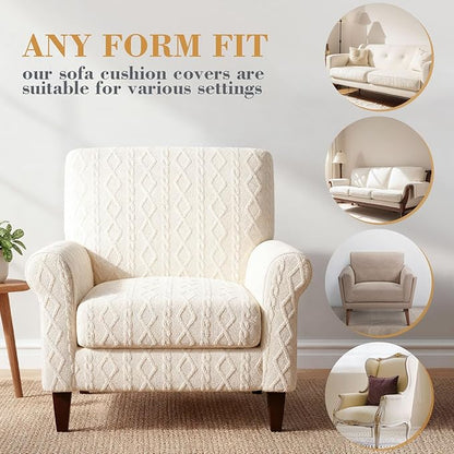 3 Pcs Jacquard Couch Cushion Covers for Sofa Stretch Plush Soft Seat Cover Washable Sofa Slip Covers with Elastic Bottom Modern Boho Furniture Protector for Sectional Slipcovers(Cream)