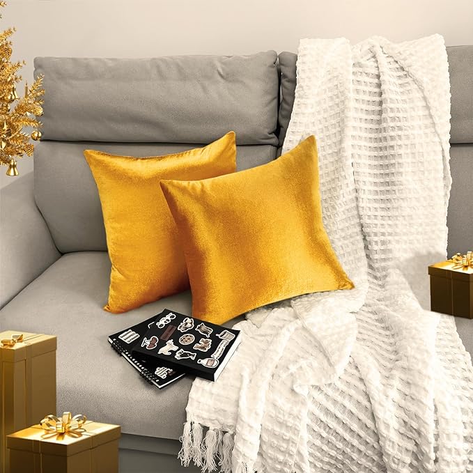 2 Pack 18x18 Pillow Cover Velvet Pillow Covers, Square Throw Pillow Covers for Living Room Decorations Throw Pillow Case, Throw Pillow Cover Cushion Cover for Home Sofa Bedroom Car, Dark Gold