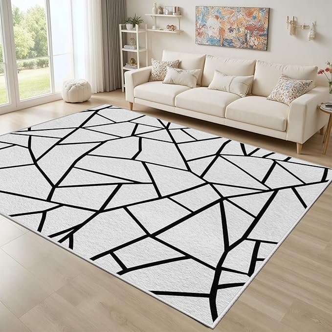 Black and White Rug, Area Rugs 5x7, Modern Abstract White and Black Rug, Geometric Rugs for Living Room Bedroom, Irregular Polygon Carpet Washable Non Slip Home Decor