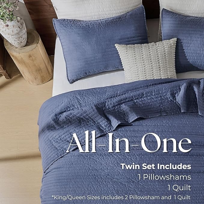 DOWN HOME Twin Quilt Bedding Set with Sham, Vintage Washed Soft Quilted Blanket Thin Comforter Lightweight Bedspread Coverlet Bed Cover, Brushed Microfiber Stripe Stitching, Vintage Denim, 66"x92"