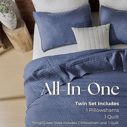 DOWN HOME Queen Quilt Bedding Set with Shams, Vintage Washed Soft Quilted Blanket Thin Comforter Lightweight Bedspread Coverlet Bed Cover, Brushed Microfiber Stripe Stitching, Vintage Denim, 86"x90"