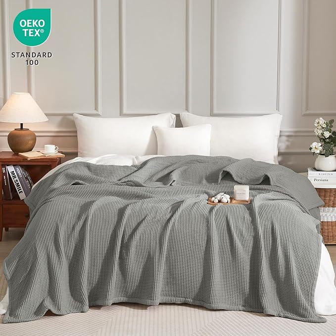 PHF 100% Cotton Waffle & Muslin Blanket King Size, Soft Breathable Luxury 400GSM Versatile Reversible Bedding for Bed, Great for Layering in Cold Weather, Home Decor Gift, 104" x 90", Frosted Grey