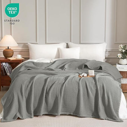 PHF 100% Cotton Waffle & Muslin Blanket King Size, Soft Breathable Luxury 400GSM Versatile Reversible Bedding for Bed, Great for Layering in Cold Weather, Home Decor Gift, 104" x 90", Frosted Grey