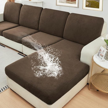 NAISI Waterproof Couch Cushion Covers Thick Velvet Fabric Washable Sofa Slipcovers Sectional Couch Covers for 4 Pieces Separate L Shape Couch Cover with Elastic Bottom(3 Seater + 1 Chaise, Caramel)