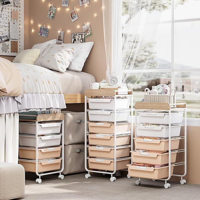 Rolling Storage Utility Cart With 4 Drawers,Kids Craft Art Cart,Makeup Organizer And Storage with Wooden Tabletop,Pearl
